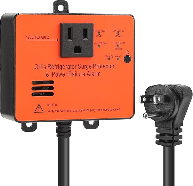 Ortis Refrigerator Surge Protector & Power Failure Alarm, Protects Against Voltage Abnormalities, with LED Indicator Light & 110dB Alarm, Ideal for Refrigerators, Freezers, and Sewage