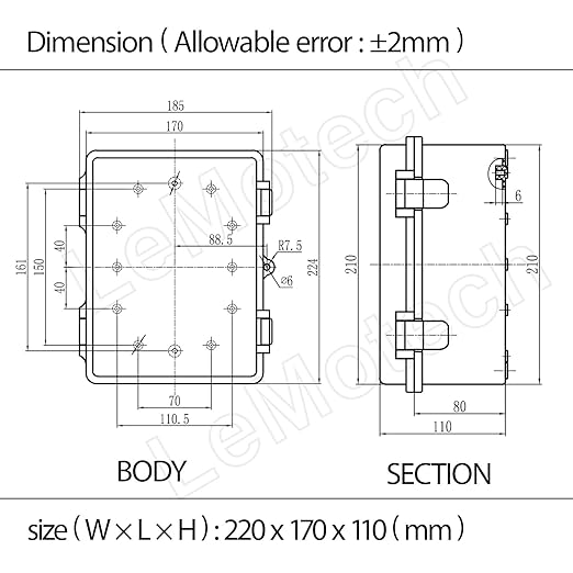 LeMotech Electrical Box, IP67 Waterproof Hinged Cover Stainless Steel Latch Junction Box, ABS Plastic Electrical Enclosure with Mounting Plate,Wall Brackets, Cable Glands,8.7"x6.7"x4.3",Grey