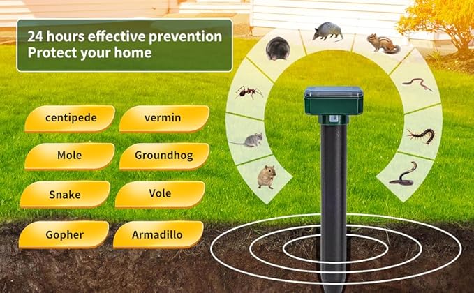 Green 8 Mole Repellent for lawns Gopher Repellent Ultrasonic Solar Powered Snake Repellent Deterrent Mole Repeller Vole Repellent Outdoor Lawns Garden Yard All Pests Sonic Spikes Stakes Chaser upgrade