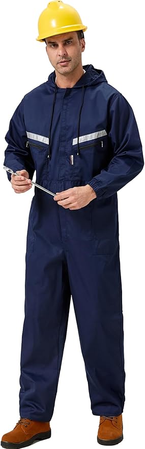 Mens Work Coveralls Mechanic Hooded Overall Workwear Jumpsuits Long Sleeve Hi Viz Coverall with Zippers