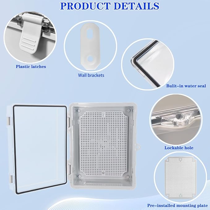 Waterproof Outdoor Electrical Box Junction Box Weatherproof IP67 ABS Plastic Enclosure Switch Router Project Box with Mounting Plate with Wall Bracket 2 Cable Glands Clear 8.7"x6.7"x4.3"