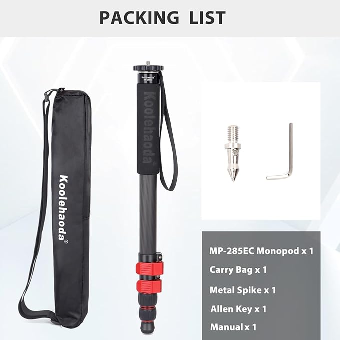 Koolehaoda Monopod for Camera, 65" Carbon Fiber Portable Compact Lightweight Travel Monopod Unipod Stick for DSLR Canon Nikon Sony Video Camcorder, Easy to Carry (MP-285EC)