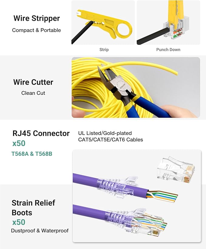VCELINK RJ45 Crimp Tool Kit for CAT7/6A/6/5E/5, Upgraded Network Tool Set with an Ethernet Crimper, 50 RJ45 Connectors & Boots, Cable Tester, Wire Stripper and Cutter in a Cloth Bag (Kit-Green)