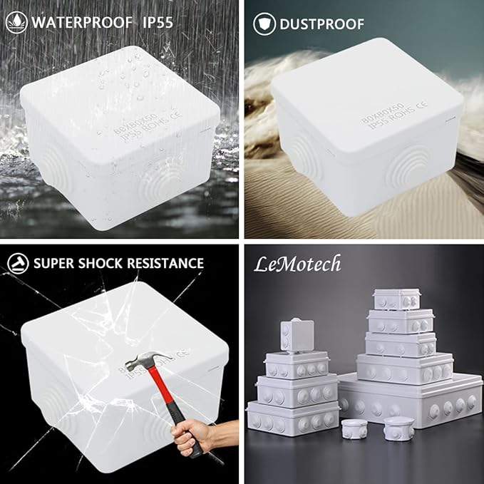 LeMotech Junction Box, ABS Plastic IP55 Water Resistant and Dustproof, Universal Electrical Enclosure, Outdoor and Indoor Project Box, 3.1" x 3.1" x 1.9", White