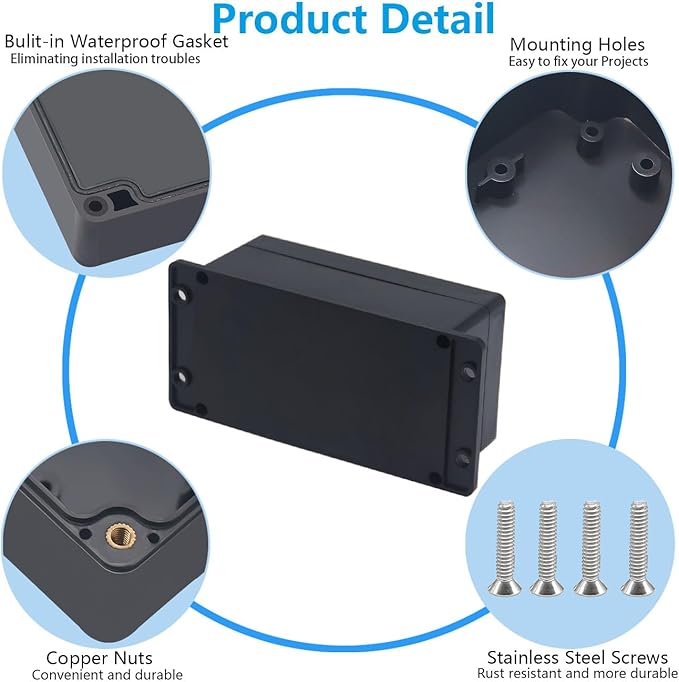 Project Box ABS Black Electrical Boxes IP67 Outdoor Waterproof Junction Box Electronic with Mounting Ears Includes Cable Glands for DIY Project 6.2 x 3.5 x 2.4 inch (158x90x60mm)