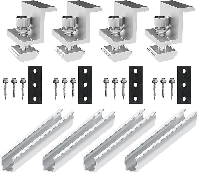Solar Panel Mounting Rail Aluminium Solar Rooftop Rail Connector Solar Bracket Solar Roof Mount Kit for Metal Roof, Tin Roof, Flat Roof, Sheet Roof (4 x 200mm Rail + 4 x 35mm Clamp)