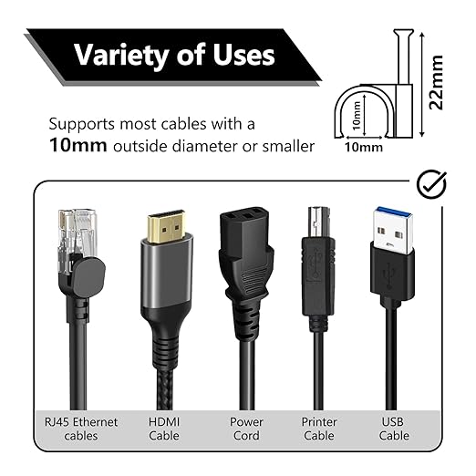 Jadaol Cable Clips 100Pcs 10mm Nail in Clips for Round Ethernet Cables Wall Clips Cable Tacks Electrical Wire TV Cable Speaker Wire Coax Clips Cable Nails for Cord Cat5/Cat5e/Cat6/Cat7 RJ45 Cord Clips
