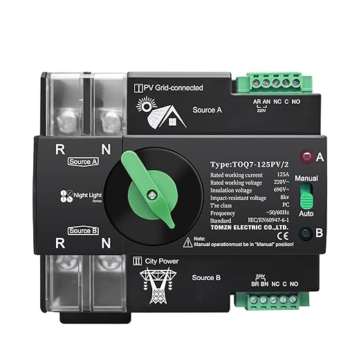 220V 230V Din Rail ATS Dual Power Automatic Transfer Electrical Selector Switch Uninterrupted 2P 63A 100A 125A TOQ7 PV(125A)