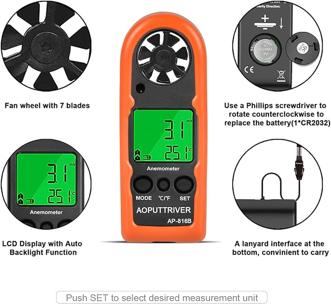 Digital Wind Speed Meter Air Flow Meter Measuring Wind Chill and Max/Average/Current/Temper Speed, Mini Anemometer for Sailing Fishing Hunting HVAC