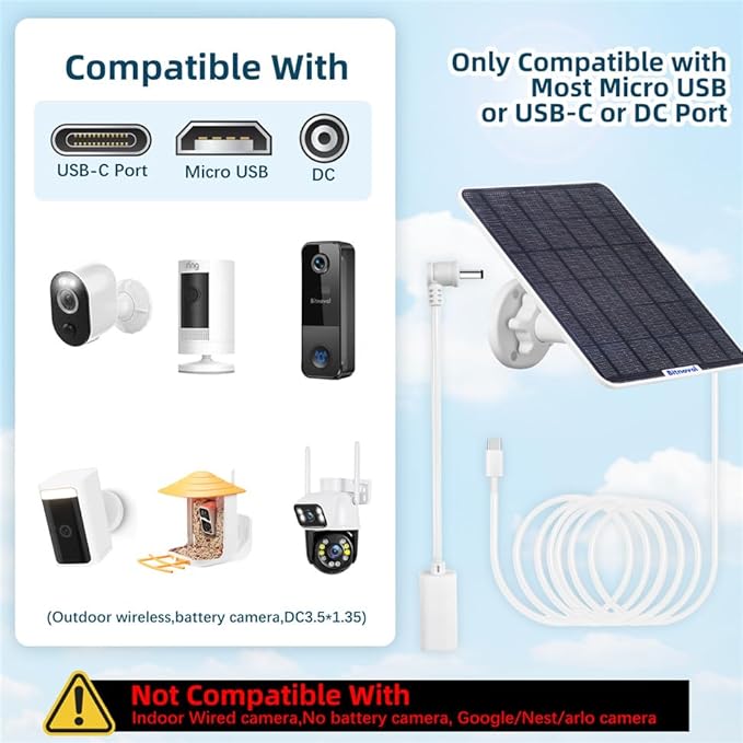 8W Solar Panel for Bird Feeder Camera - USB C Solar Panels Charger Compatible with Rechargeable Security Camera Wireless Outdoor,Ring Solar Panel with IP65 USB DC Port,9.8ft Cable 360° Swivel Bracket