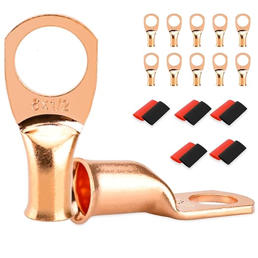 10 PCS Battery Terminal Connectors, Battery Cable Ends Lugs, 6 Gauge Wire Connectors, 6AWG 1/2" Stud Ring Terminals, Copper Wire Lugs with Heat Shrink Tubing.