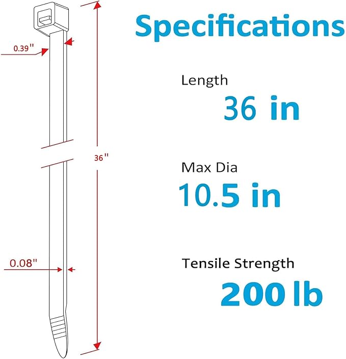 36 inch white heavy duty cable ties, UV-resistant, extra long nylon zip ties, 15 pieces, 200 lb tensile strength