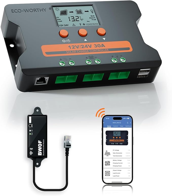 ECO-WORTHY Solar Charge Controller 30A with Bluetooth,WiFi, APP Remote Connection, Solar Panel Custom Battery Regulator, Dual USB Port Auto 12V/24V PWM for FLD/LiFePO4/SLD/GEL RV Solar System