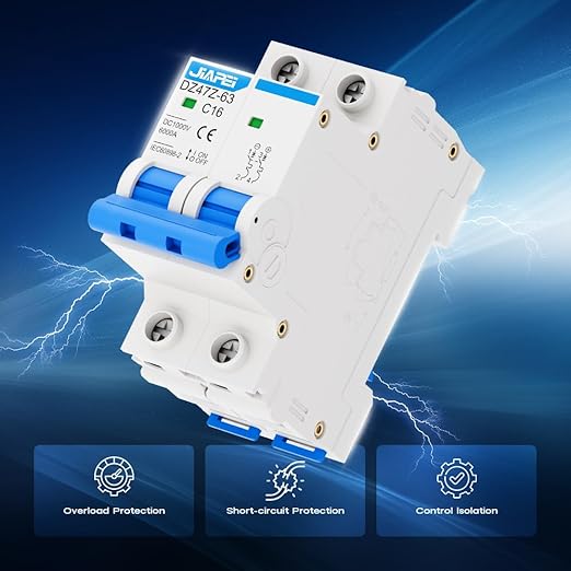 DC Miniature Circuit Breaker, 1000V 2 Pole 16 Amp Isolator for Solar PV System, Thermal Magnetic Trip DIN Rail Mount, C16 DC Disconnect Switch