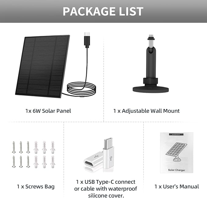 2PC 5W Solar Panel for Security Camera, Solar Panel with Micro USB & USB-C Port for DC 5V Outdoor Rechargeable Battery Camera, IP65 Waterproof, 360° Adjustable Security Mount, 9.8ft Cable(Black)