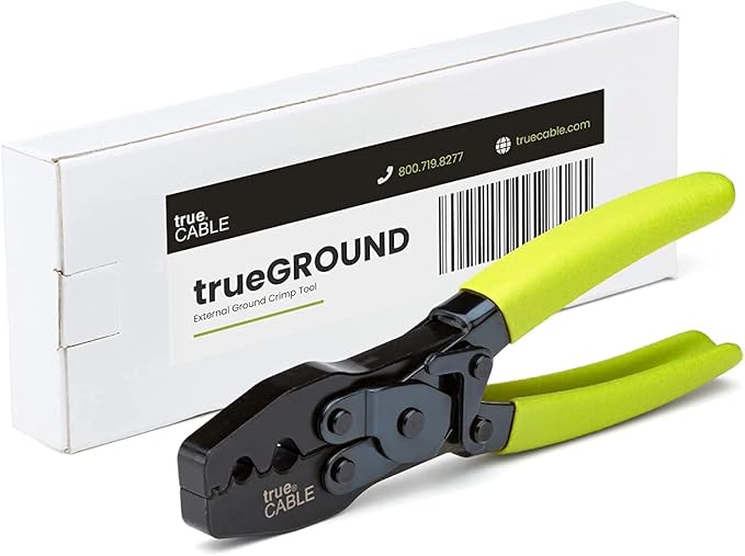 TRUE CABLE External Ground Crimping Tool for Shielded RJ45 Connectors, Dual Crimp Cavities, Carbon Steel, Non-Slip Ergonomic Handle, Terminal Crimper with Latch Mechanism