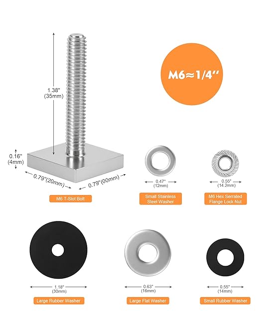 T Slot Bolts for Thule, Yakima Roof Rack Cross Bars, Platform, Cargo Basket, Stainless Square T Track Bolt Adapter to Secure Bike/Ski/Kayak Rack, Solar Panel, Awning, M6x35mm, 4mm Thickness
