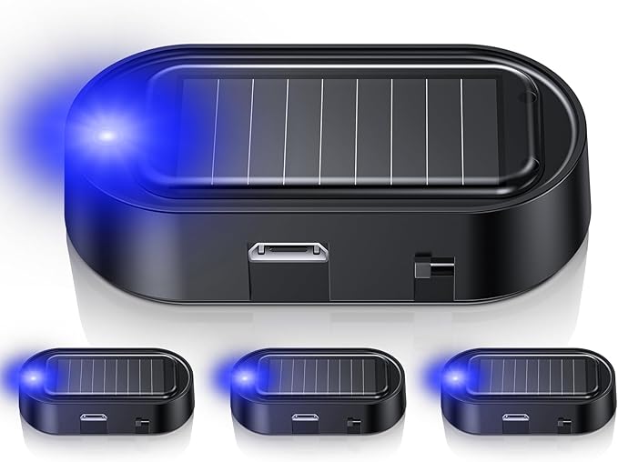 4PC Car Solar Power Simulated Dummy Alarm, Vehicle Security Anti-Theft LED Flashing Fake Lamp with Light Sensor, Car Alarm Light for SUV, RV, Truck (Blue)