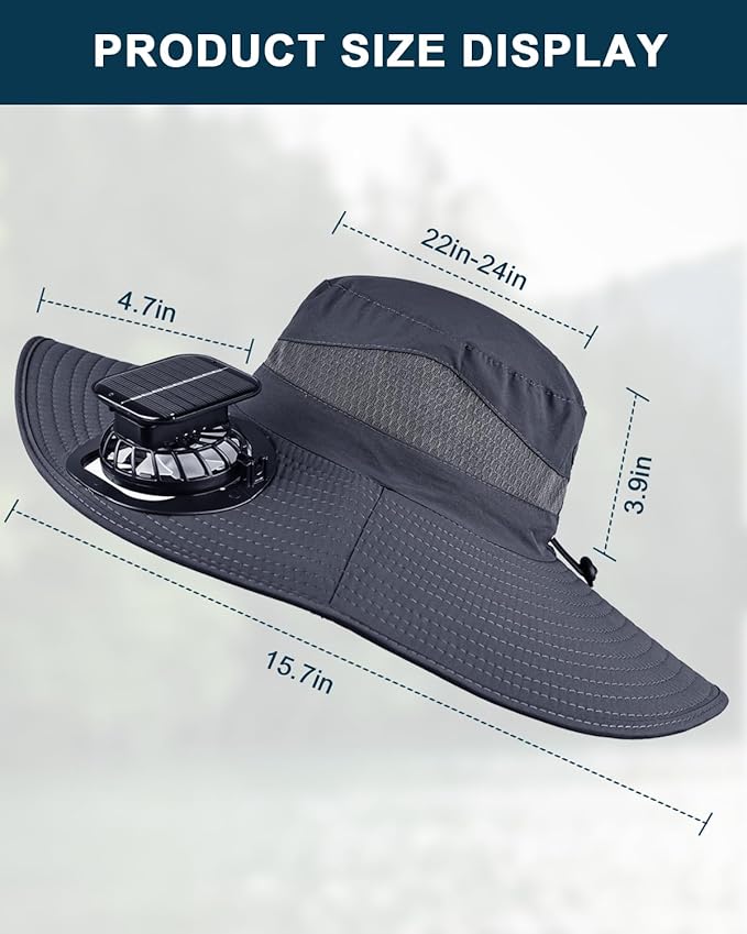 Wide Brim Sun Hat with 2 Solar Fan, Sun Bucket Hat for Men Women, UPF 50+ Bucket Fishing & Beach Hat with Fan