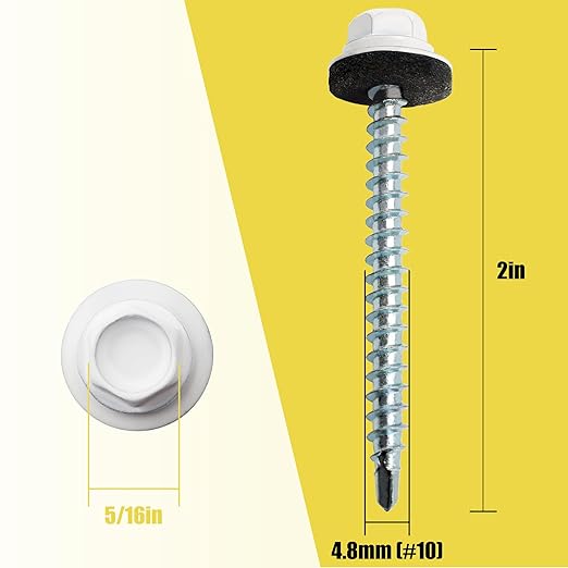 200pcs #10 x 2 White Hex Head Self-Drilling Metal Roofing Screws, EPDM Washer, Colored Head, Wood Screws, Sheet Metal Roof Screw with Hex Driver Bit (White, 2 in)