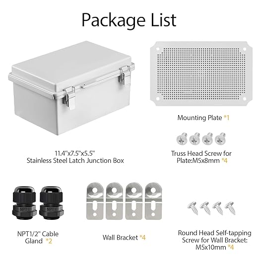 LeMotech Electrical Box, IP67 Waterproof Hinged Cover Stainless Steel Latch Junction Box, ABS Plastic Electrical Enclosure with Mounting Plate,Wall Brackets, Cable Glands,11.4"x7.5"x5.5",Grey