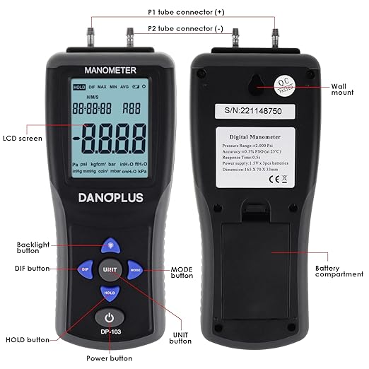 Manometer Digital Manometer Gas Pressure Tester Professional 12 Selectable Units Differential Manometer Gauge HVAC Air Pressure Meter with Large LCD Display Backlight, Data Record Funtion
