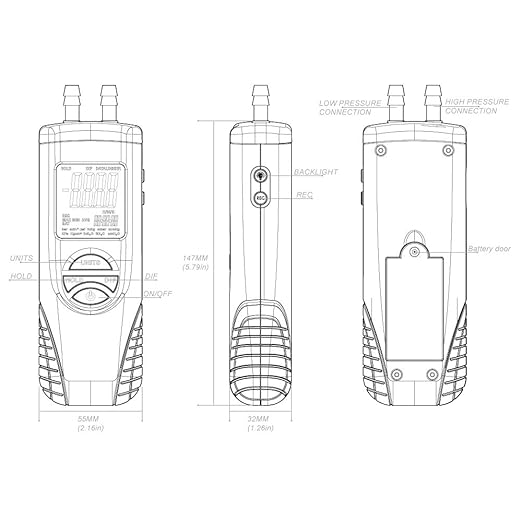 Digital Manometer, Dual Port Air Pressure Meter Pressure Gauge HVAC Gas Tester, Differential Pressure Manometer with 5/16 Inches Diameter Pressure Port, Hti-Xintai