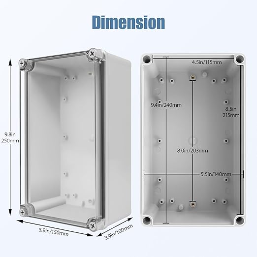 LeMotech Junction Box IP67 Waterproof Dustproof Electrical Box Project Box DIY Enclosure Gray with Transparent Clear Cover, External Size 9.8x5.9x3.9in (250x150x100mm)