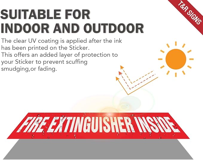T&R Fire Extinguisher Inside Sign Stickers - 10 Pack - 9" x 1.7" Self-Adhesive Vinyl Reflective, UV resistant, Waterproof, Fade and Scratch Resistant, Suitable for Vehicles Indoor and Outdoor - Red