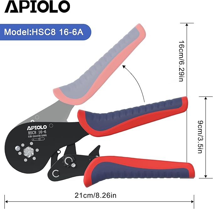 HS-16-6 Ferrule Crimping Tool, 6-Sided Serrated Crimp Ratchet Pliers AWG28-5 0.08-16mm², Labor-Saving Electrical Crimper for Automotive Industrial Household Use