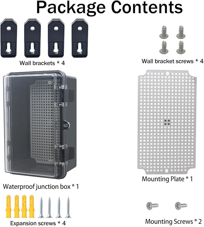 Junction Box, Hinged Black Clear Cover IP67 Waterproof ABS Project Box with Mounting Plate Electrical Box Enclosure with Wall Bracket 8.3 x 5.1 x 4.3inch(210x130x110mm)