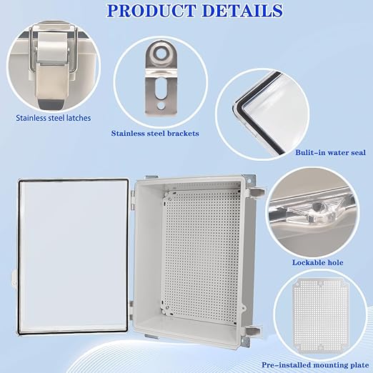 Waterproof Electrical Box, IP67 Junction Box Stainless Steel Latch Hinged Clear Cover Project Enclosure with Wall Bracket 13.8" x 9.8" x 5.9"