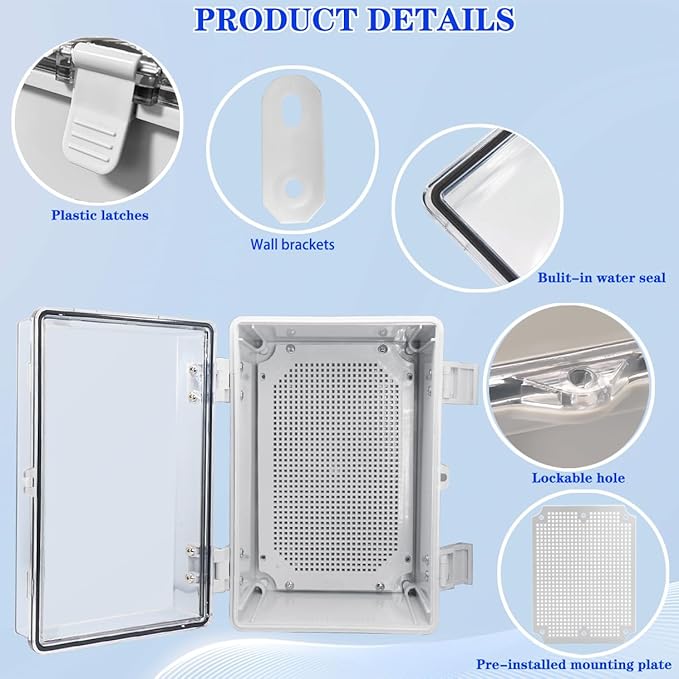 Waterproof Electrical Box Dustproof Junction Box Weatherproof IP67 ABS Plastic Enclosure Switch Router Project Box with Mounting Plate with Wall Bracket 2 Cable Glands Clear 11.8"x7.9"x6.7"