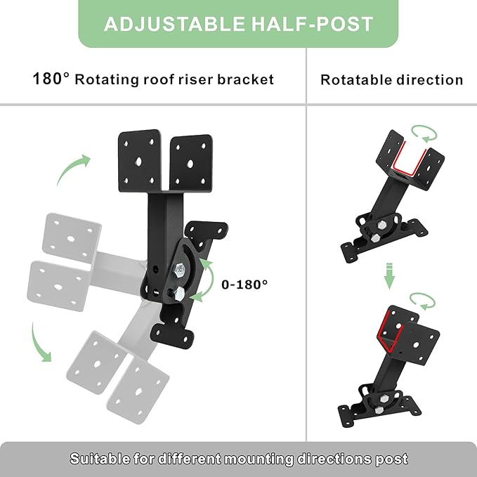 Roof Riser Brackets Adjustable Pergola Beam Brackets, Heavy Duty Roof Mount Bracket for Roof Pergola Gazebo Hardware, Metal Black