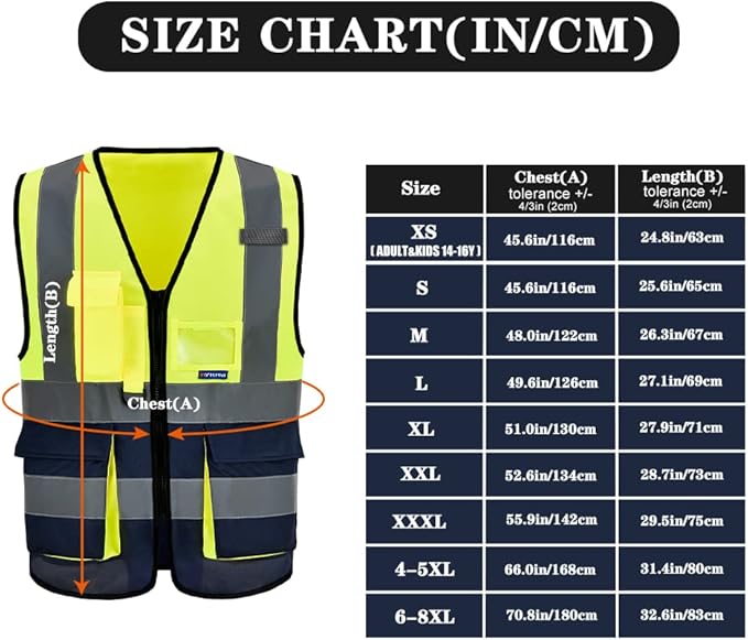 Small Yellow&Navy High Visibility Safety Vest with ZIPPER 4 Reflective Strips 7 Pockets