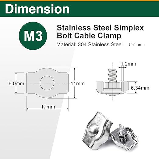 20 Pack Wire Rope Clips for 1.5-3mm Cable, M3 Stainless Steel Simplex Single Bolt Clamps with Washers and Wrench