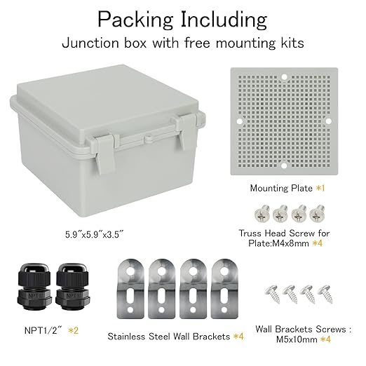 Junction Box IP65 Waterproof Electrical Box Outdoor ABS Plastic Project Box Hinged Shell Universal Enclosure Box with Mounting Plate, Wall Brackets, Cable Glands 5.9" x 5.9" x 3.5"