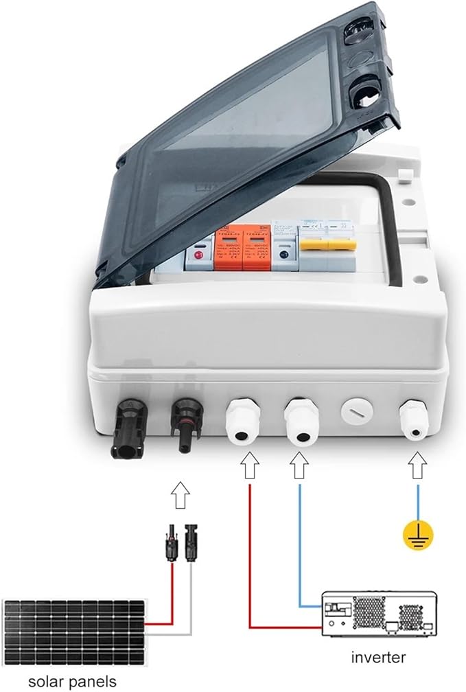 CAARLA Solar Combiner Box TOMZN PV Combiner Box with Solar photovoltaic 1 Input 1 Out DC 600V Fuse MCB SPD Box IP65(63A DC MCB)
