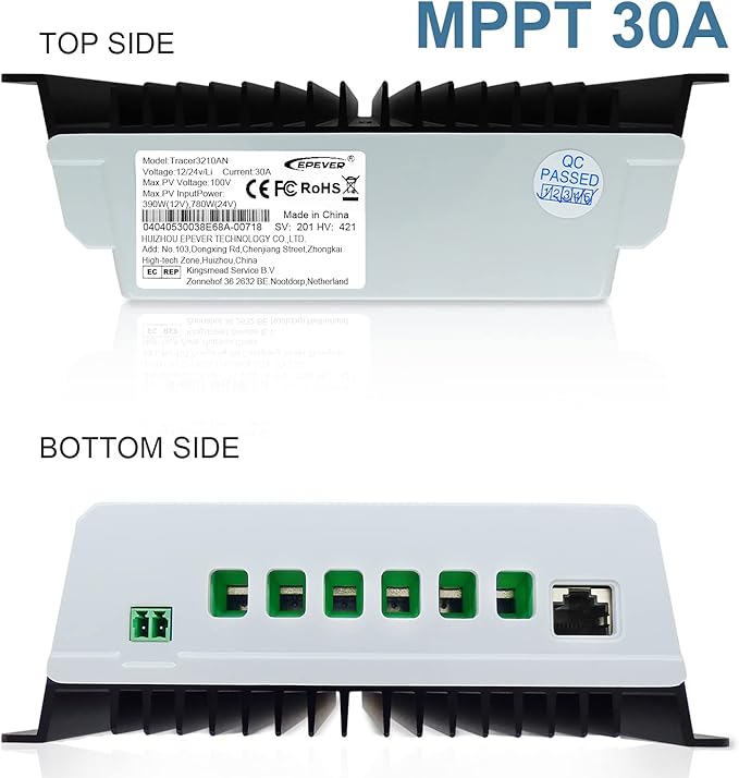 EPEVER MPPT Solar Charge Controller 30A 12V 24V Auto Max PV 100V Solar Panel Generator Tracer3210AN G3 Common Negative Regulator LCD Display for Gel AGM Flooded Sealed LiFePO4 Lithium BAT (30A MPPT)