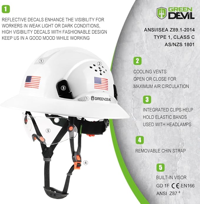 Full Brim Hard Hat Vented Construction Safety Helmet OSHA Approved Cascos De Construccion Work Hardhats with Cooling Towel for Men&Women 6 Point Adjustable Ratchet Suspension