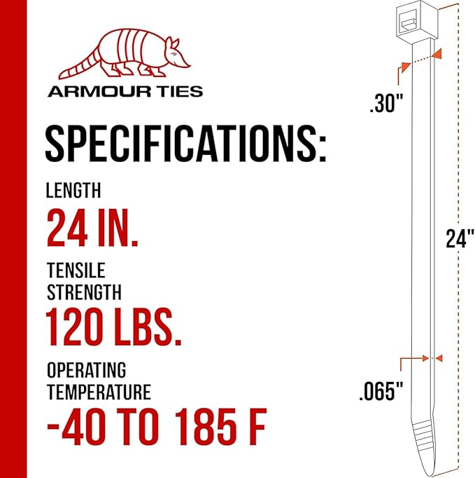 24-inch Black Zip Ties Heavy Duty UV Resistant Nylon Cable Ties, 120lb Tensile Strength, 100-Pack - Durable Wire Ties, Heavy Duty Tie Straps Indoor and Outdoor Cable Management Solution by ARMOUR TIES