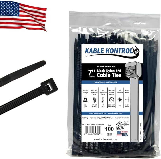 Kable Kontrol Made in USA Cable Zip Ties, 100 Pcs 7 Inch Black, 50 Lbs Tensile Strength, Self-locking UV Resistant Plastic Nylon Wire Ties, for Indoor or Outdoor Use