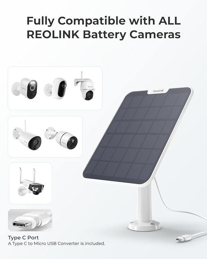 REOLINK 6W Solar Panel White, Non-Stop Solar Power Supply for All Wireless Battery Camera, Trackmix/Argus PT/Go PT Ultra, Waterproof, Adjustable Mount, 4 Meters Cable(Only Use for Battery Cameras)