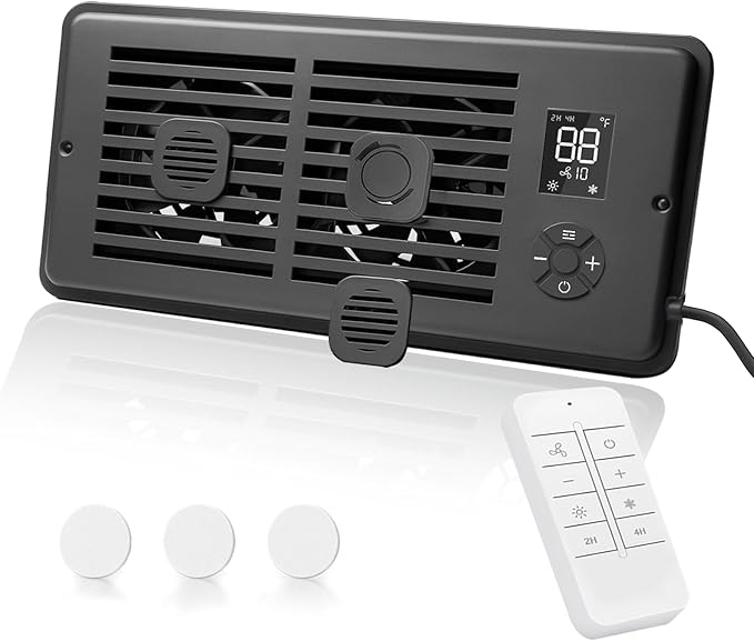 Register Booster Fan for 4" x 12" Vents Only,10 Speeds to Control Cool and Warm Airflow, Air Conditioning Vents with LED Screen Remote & Thermostat Control, for Room Walls & Floors (Black)