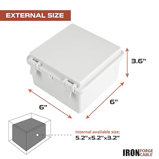 Iron Forge Cable Waterproof Junction Box - Outdoor Enclosure with Accessories, Weatherproof Hinged Light Gray Panel Cover, IP65 6"x 6"x 3.6"Inch
