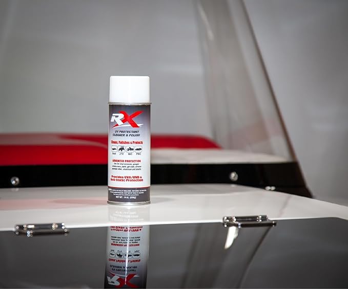 Hardline Products USA RX UV Protectant Cleaner & Polish – Advanced Marine & Powersport Detailing Spray for Vinyl, Isinglass, Plastic, & Strata Glass – 100% UVA/UVB Protection with Microfiber Towel