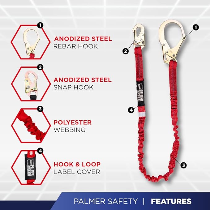 Palmer Safety Fall Protection Safety Harness Kit I Construction Harness + Various Lanyard + D-Ring Extender