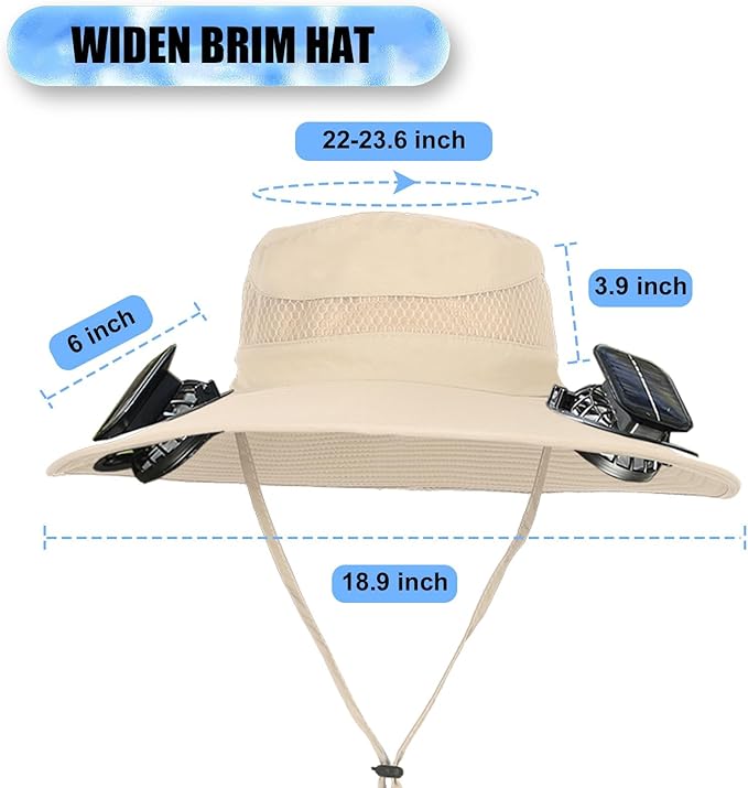 Solar Fan Sun Hat, Widen Brim Outdoor Fishing Men Hat with 2 Fans, Adjsutable 180°Rotating Cooling UPF 50+