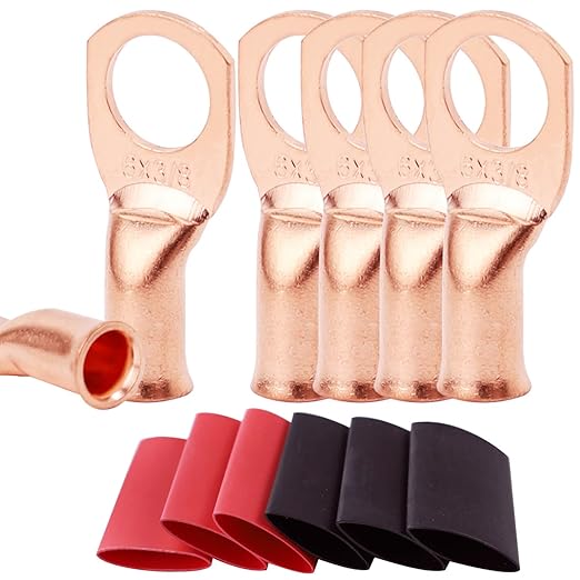 TKDMR 6pcs 6 AWG-3/8 Battery Lugs,Heavy Duty Wire Lugs,Ring Terminals,Battery Cable Ends,0 Guage terminals,Battery Terminal Connectors with 6pcs 3:1 Heat Shrink Tubing