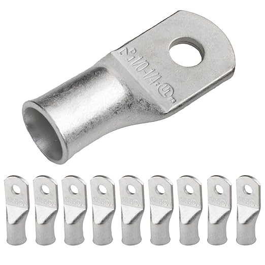 SELTERM 10pcs 1/0 AWG-1/4" Stud Tinned Copper Wire Lugs, Heavy Duty Cable Ends, 0 Gauge Ring Terminals, UL Battery Lugs Marine Grade Copper Eyelets Electrical Terminal Connectors